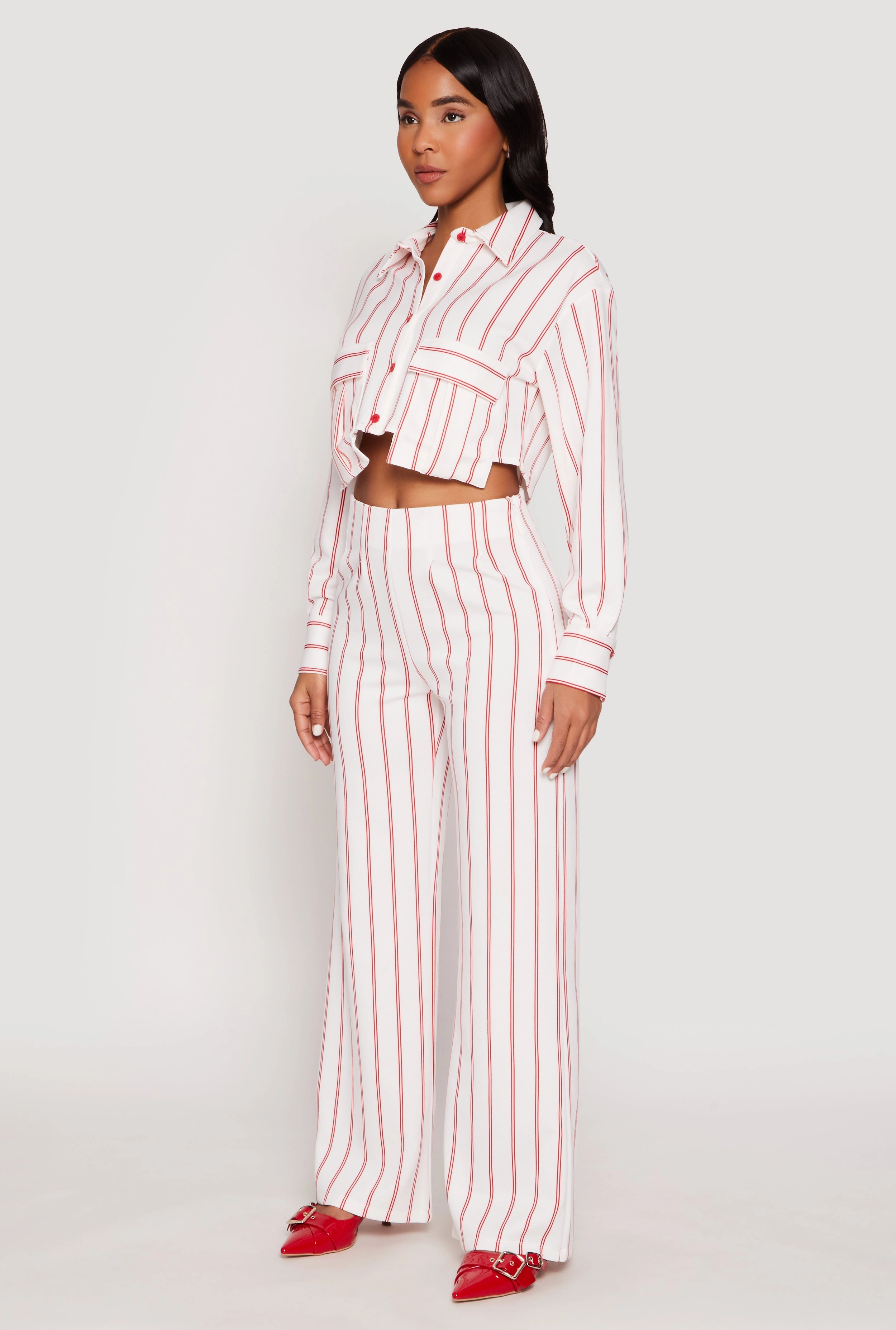 Striped Pocket Cropped Button Front Shirt Custom - made
