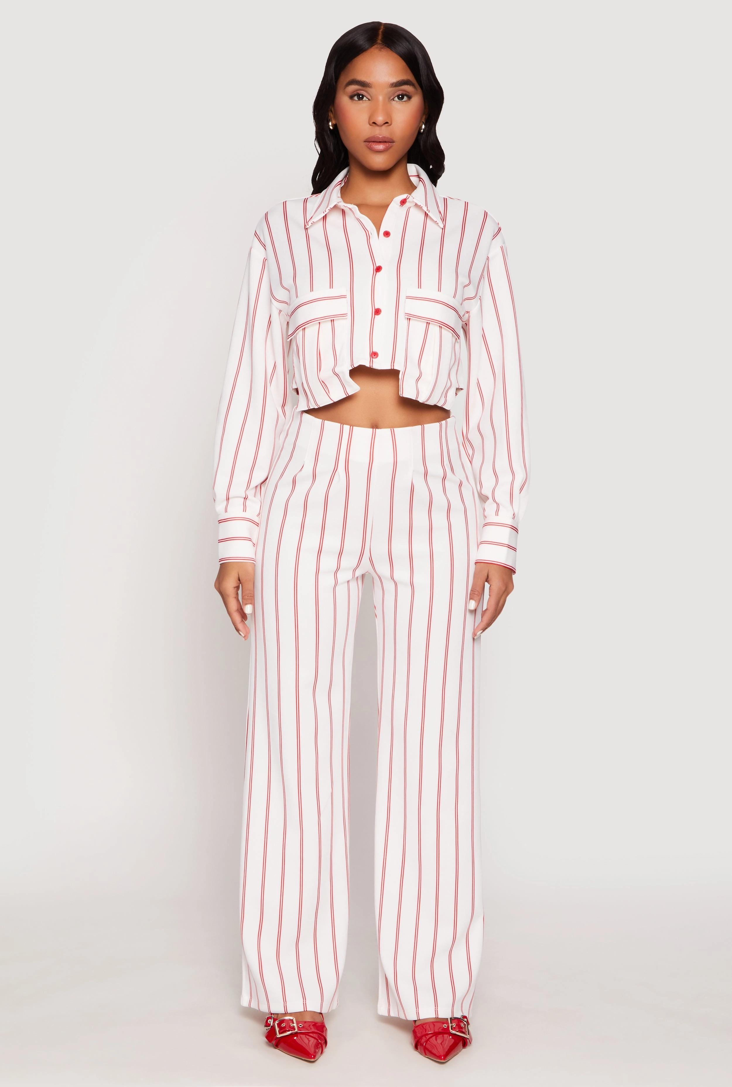 Cold Weather Striped Pocket Cropped Button Front Shirt