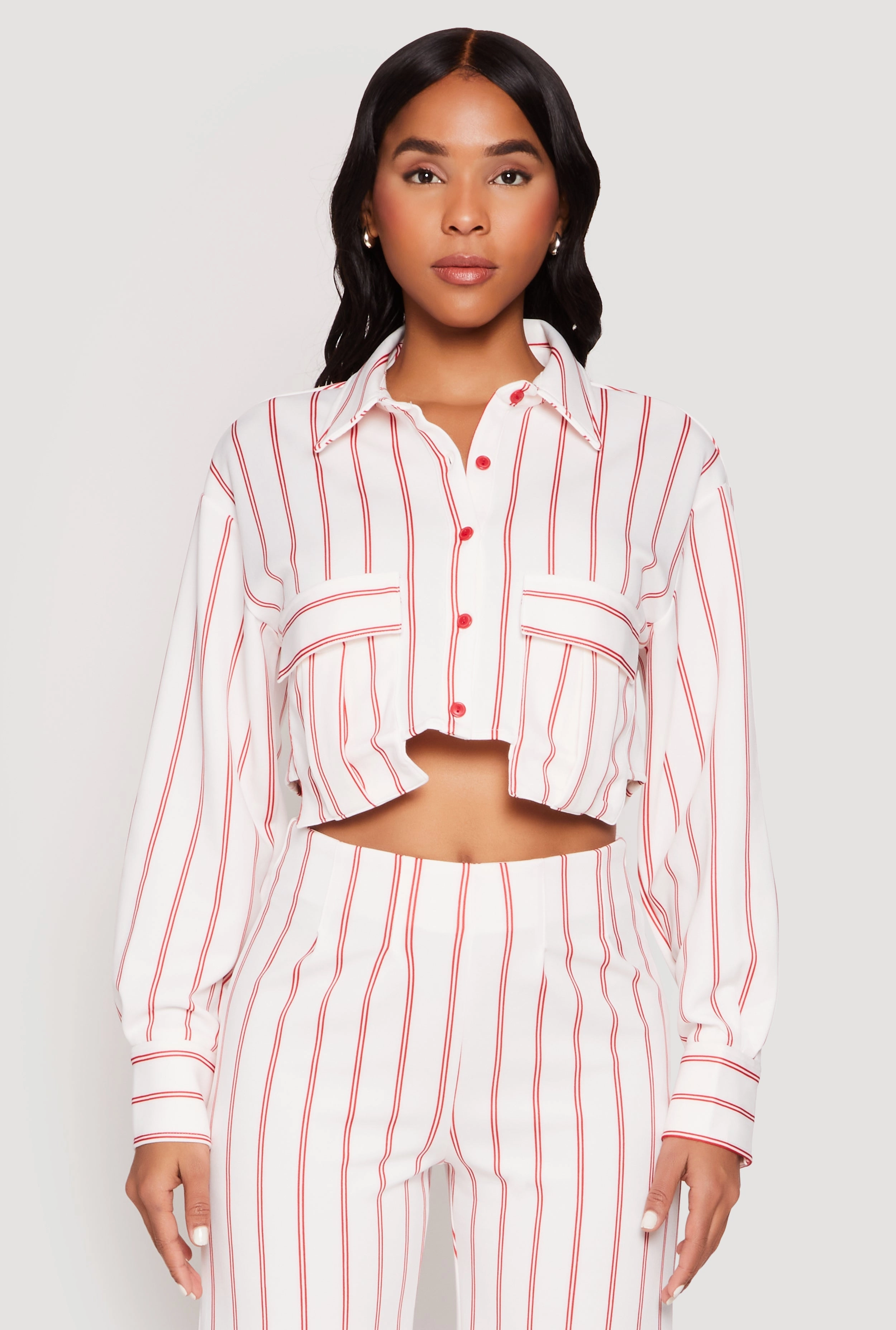 Basic item Mild Weather Striped Pocket Cropped Button Front Shirt