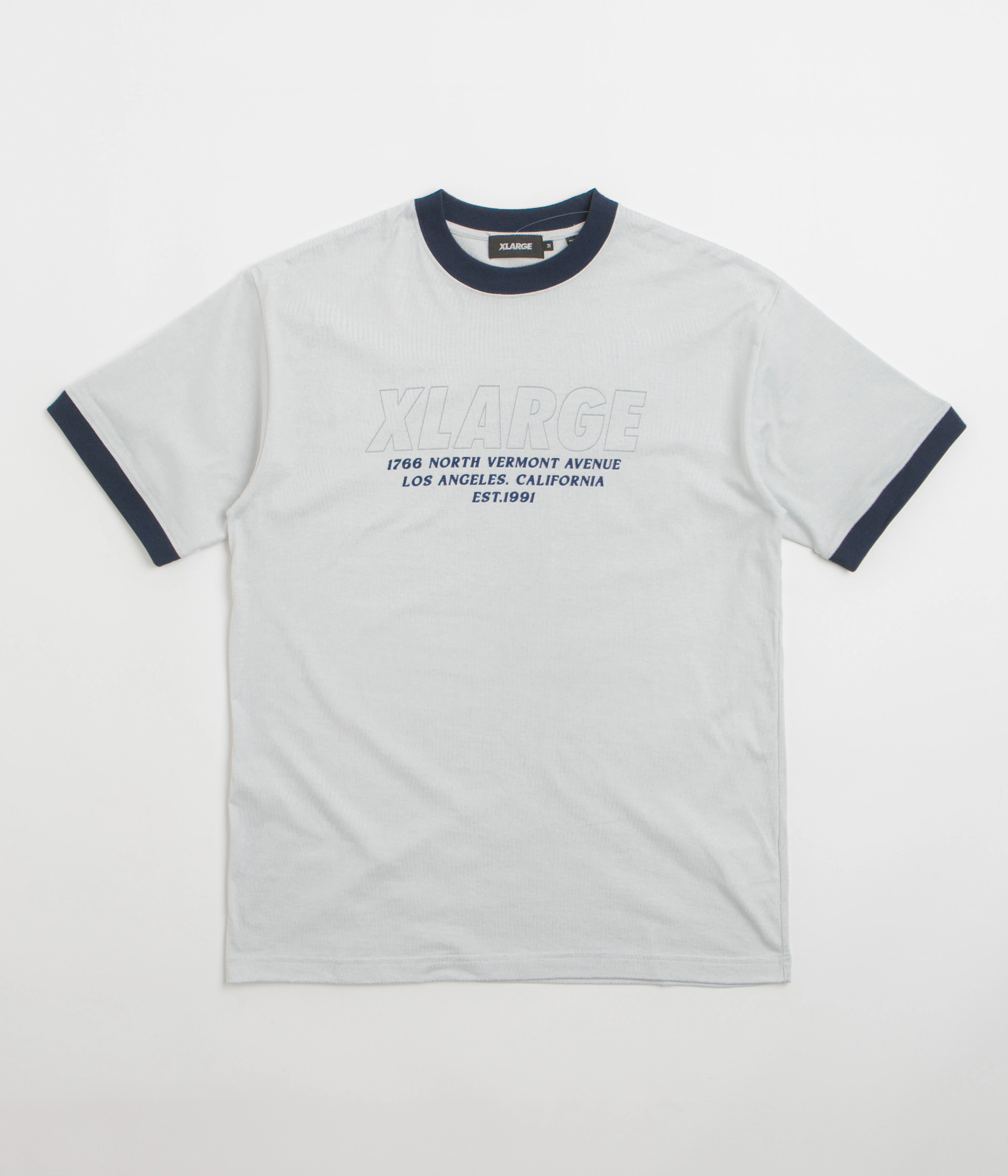XLarge Store Address Ringer T-Shirt - Grey Cool Fit Ethically Sourced Cotton