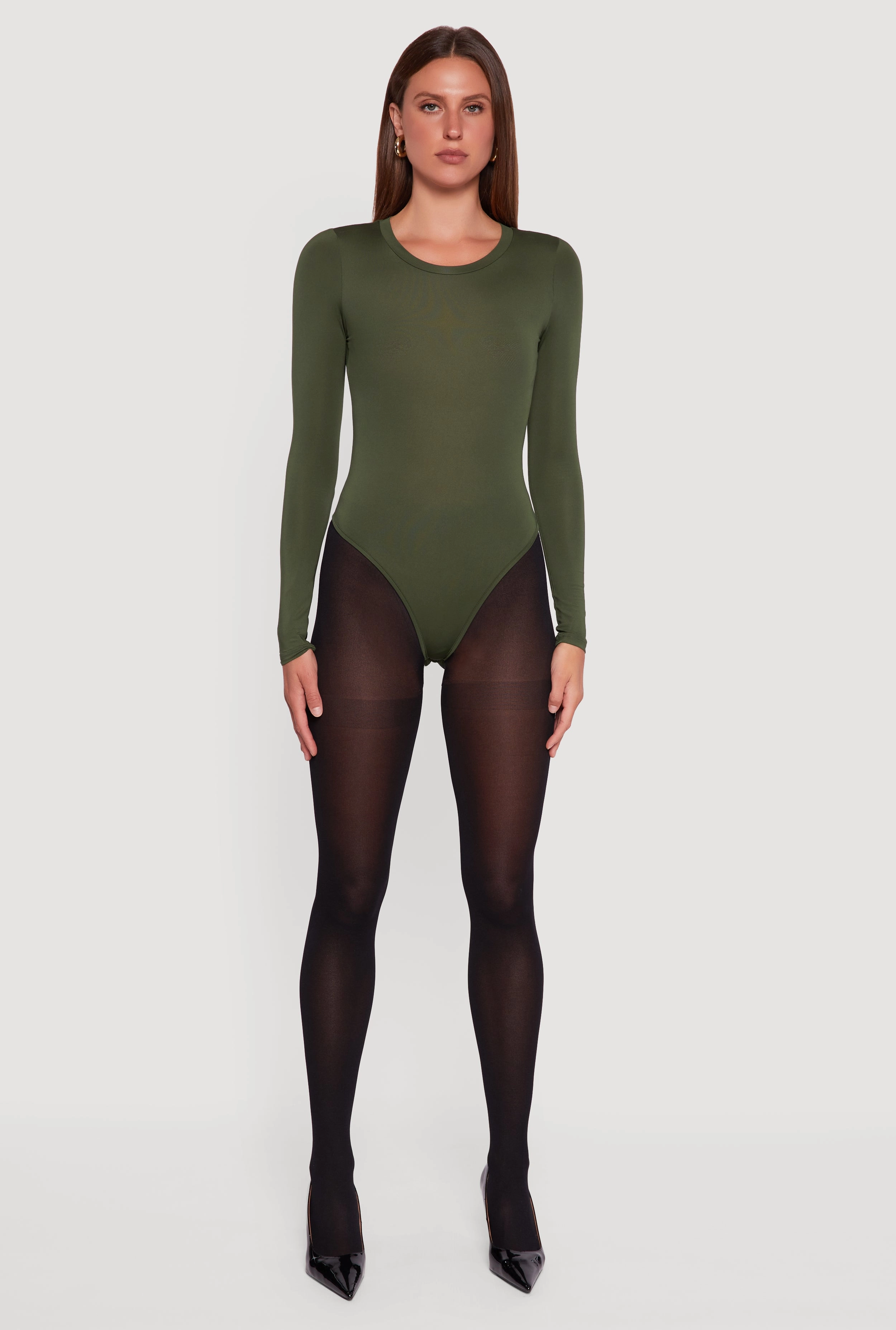 Basic Curve Hugging Long Sleeve Crew Neck Bodysuit Wardrobe
