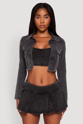 Acid Wash Cropped Rib Knit Cami with Long Sleeve Jacket Short Hobby