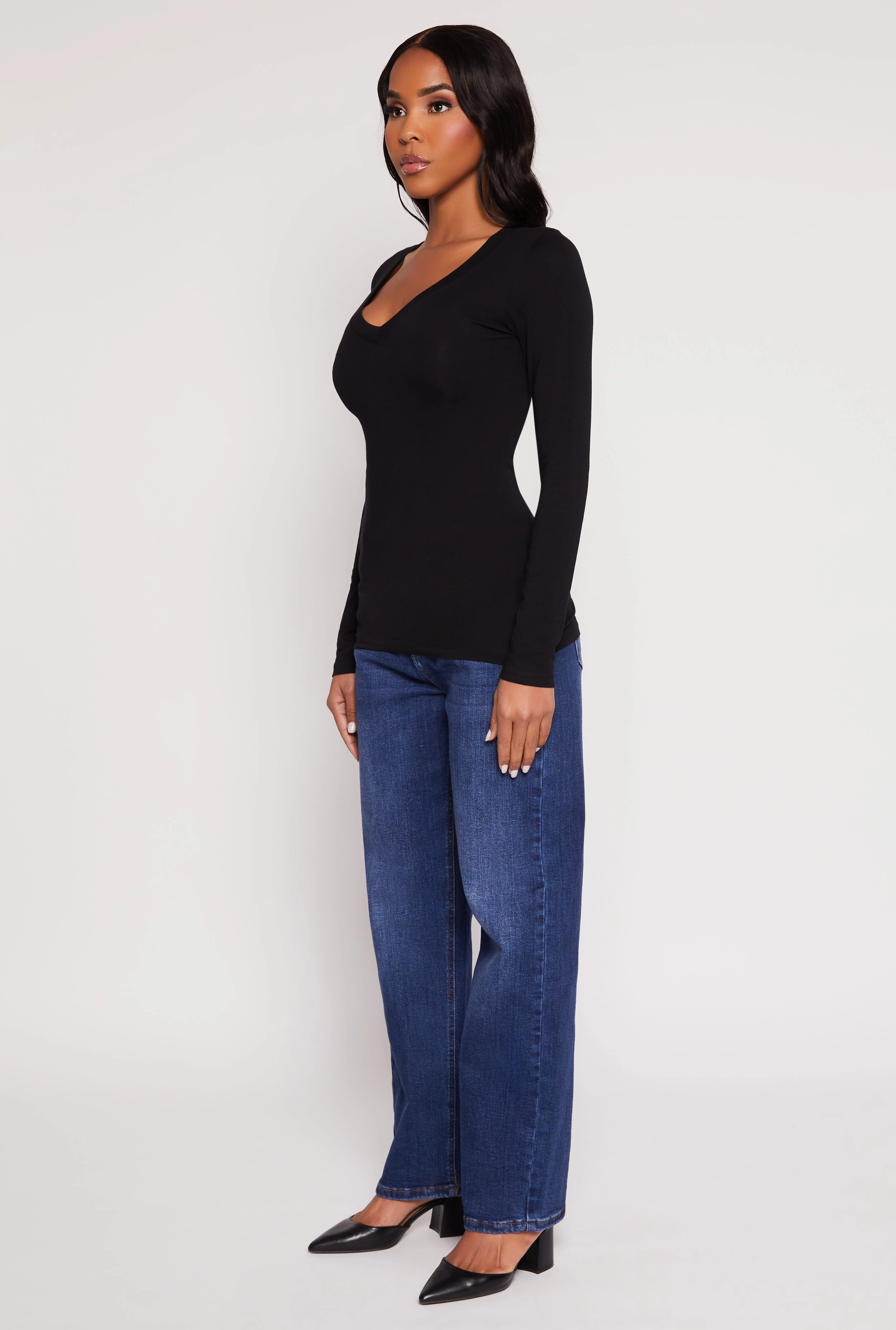Basic Long Sleeve V Neck Tee Durable Hem Finishing