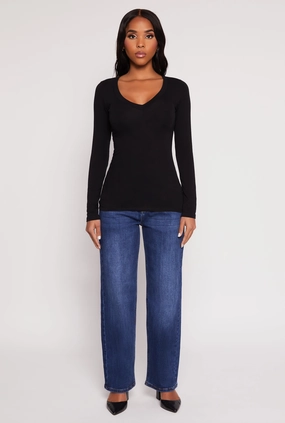 Basic Long Sleeve V Neck Tee Polka - dotted Photo