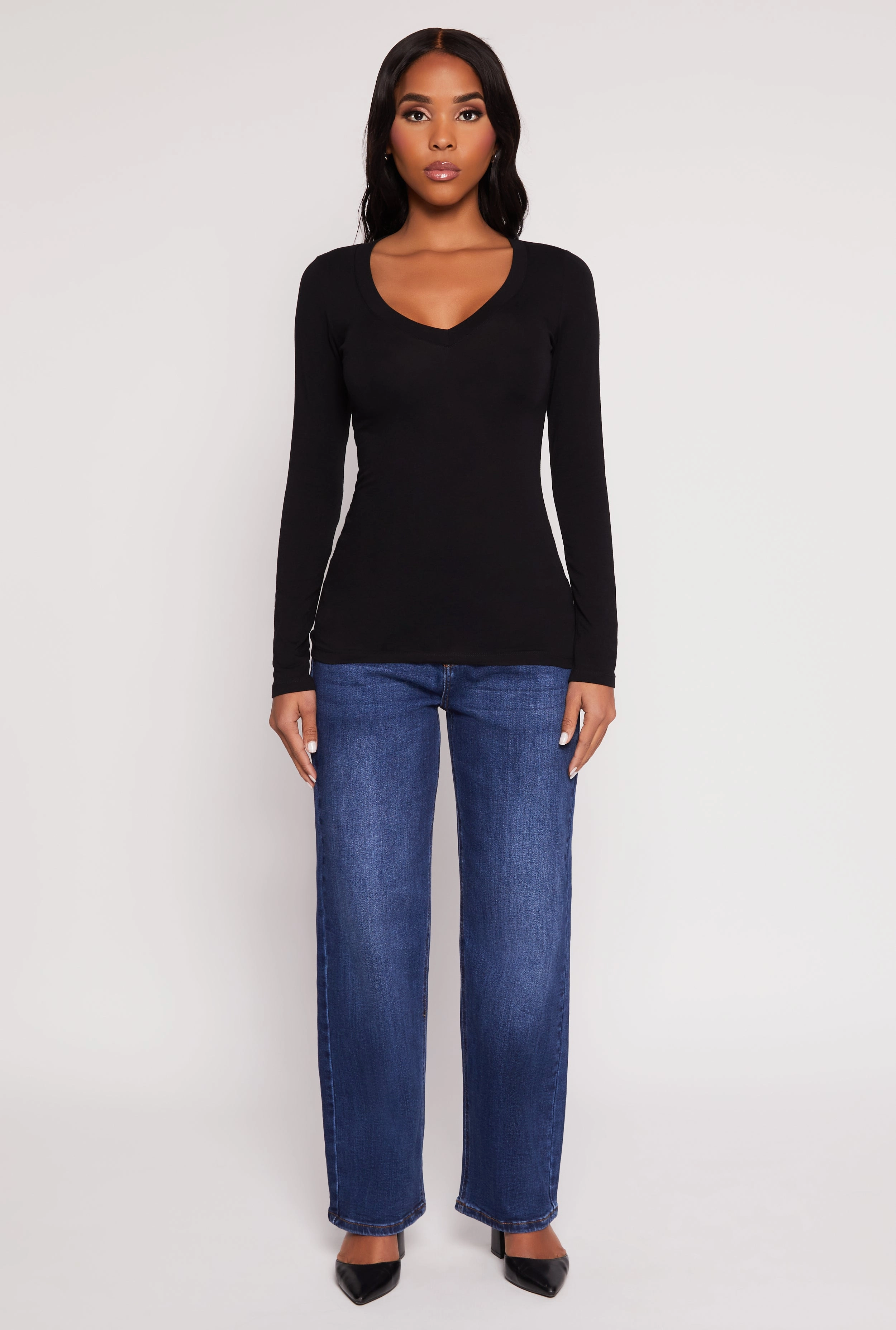 Basic Long Sleeve V Neck Tee Polka - dotted Photo