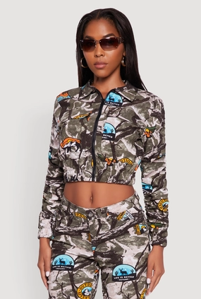 Zip Front Printed Pattern Ruched Sleeve Jacket Expandable Side Gussets