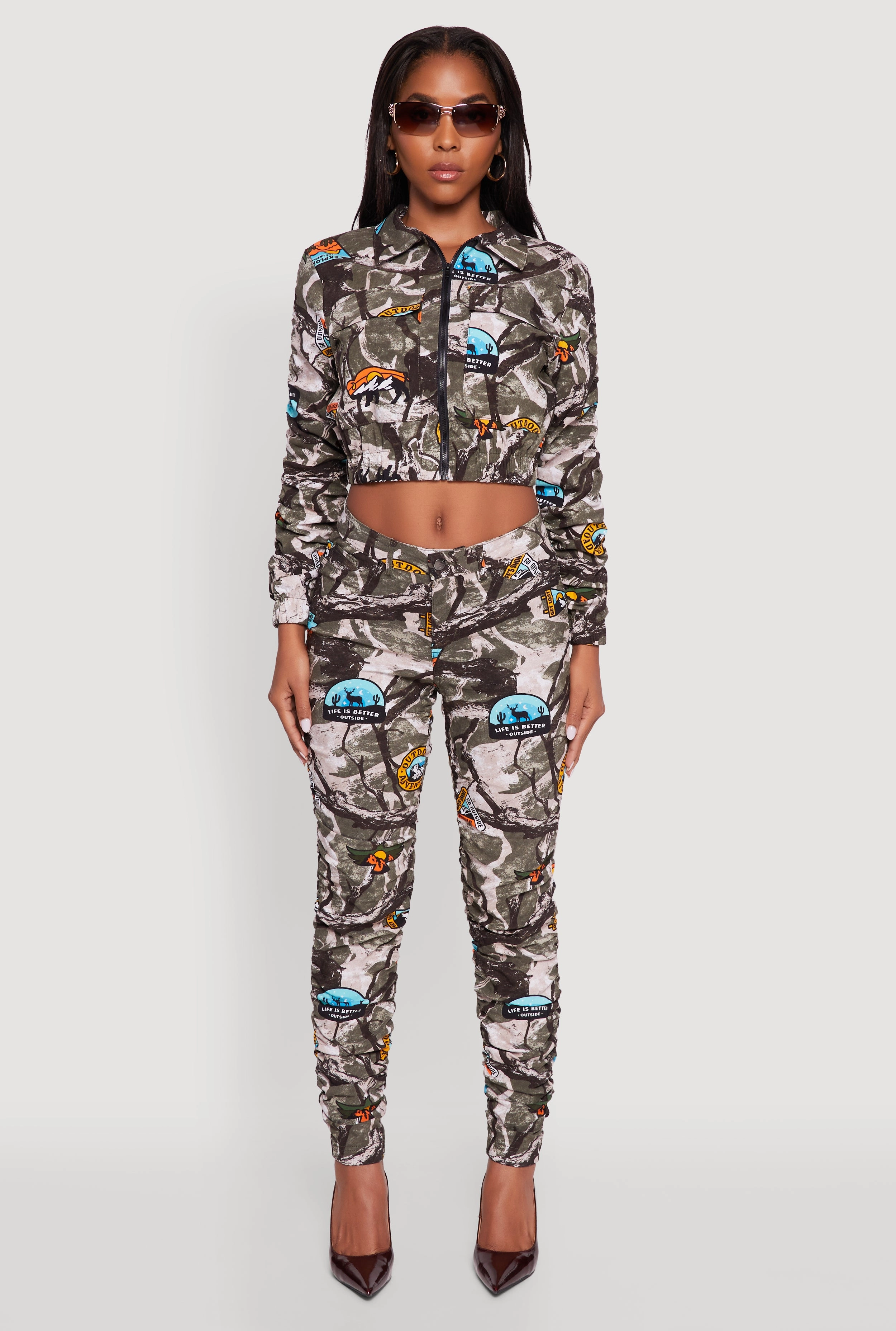Zip Front Printed Pattern Ruched Sleeve Jacket Weekend Ready Look Noise Free Movement