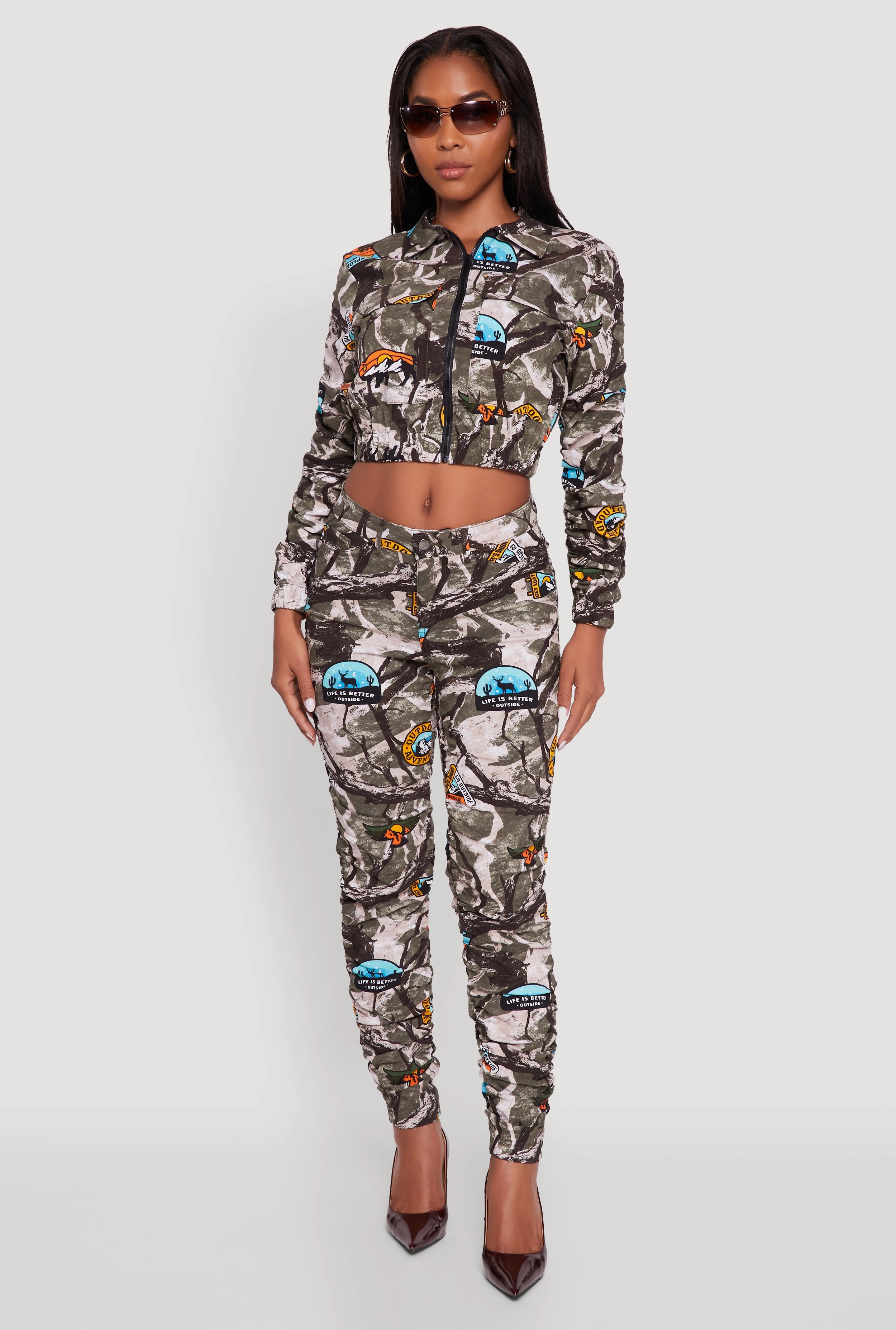 Zip Front Printed Pattern Ruched Sleeve Jacket Seamless Technology Stylish Chill Piece